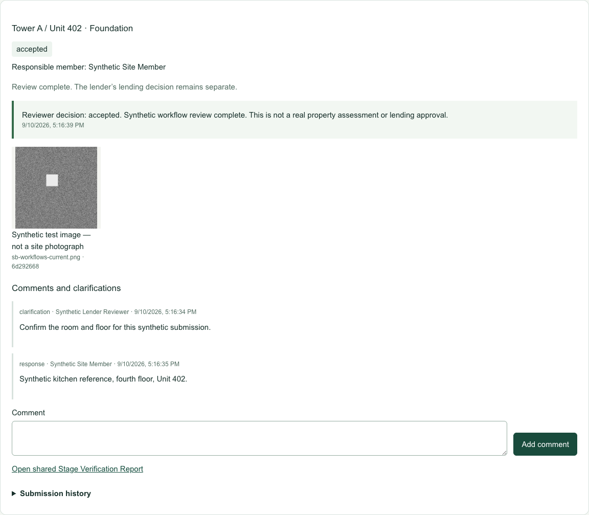 Implemented developer submission with Tower A Unit 402, the responsible member, clarification, response, review decision and shared report link; synthetic test data